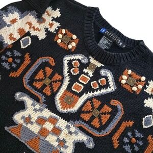 Vintage IB Diffusion Knit Sweater Women SM Black Southwestern Tribal Embellished
